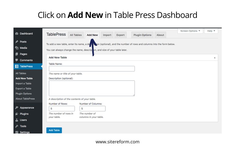 Click on Add New in Table Press Dashboard e1652513187778 How to Insert Tables in WordPress Without Writing Code